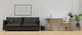 Fototapeta  - Modern cozy living room interior with minimalist workspace, comfy black sofa