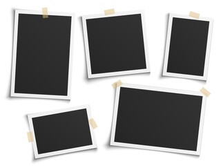 photo frames realistic. empty white photos frame vintage with adhesive tapes. images different forms