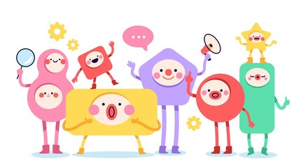 Wall Mural - Geometric figures faces. Different simple shapes group, funny kids design, cute emotional characters, trendy cartoon heroes with hands, feet and funny faces, vector cartoon isolated concept