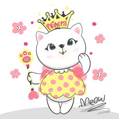 Wall Mural - Princess cat wearing crown and holding magic wand standing among flowers on white background illustration vector.