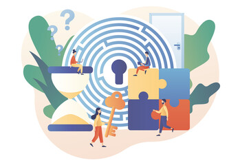 Wall Mural - Escape room. Tiny people trying to solve puzzles, find key, gettout of trap, finding conundrum solution. Exit maze. Quest room. Modern flat cartoon style. Vector illustration on white background