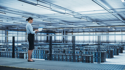 Wall Mural - Data Center Engineer Using Laptop Computer. Server Farm Cloud Computing Specialist Facility with Multiethnic Female System Administrator Working with Data Protection Network for Cyber Security.