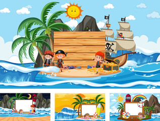 Sticker - Set of blank banner in different tropical beach scenes