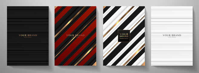 Wall Mural - Premium stripe cover design set. Luxury line pattern in gold, red, black, white color. Formal vector background for business brochure, poster, notebook, menu template