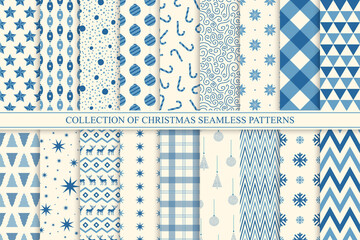 Wall Mural - collection of christmas seamless patterns. holiday endless blue and white backgrounds - vintage styl