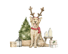 Watercolor Illustration With Golden Retriever Dog And Christmas Tree. Winter Aesthetic, Dog In Costume, Antler, Scarf, Presents. Holiday Decoration And Cute Animal.