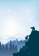 Wall Mural - Girl on a mountain looks down at guy who climbs up. Hiking. Adventure. Travel concept of discovering, exploring and observing nature. Polygonal minimalist graphic flat design illustration.