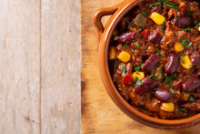Traditional Mexican Tex Mex Chili Con Carne On Wooden Table
