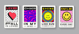 Set of Trendy Modern Abstract Patch Arts. Collection Of Cool Sticker Cards for Print. Love, Chaos, Shine and Smile Pins.