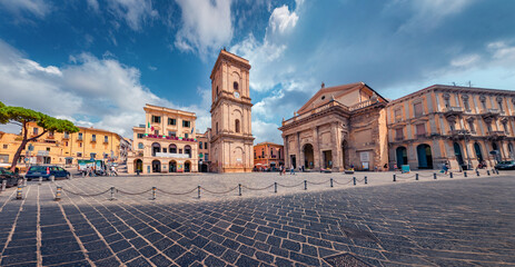 Panoramic summer view of Lanciano Cathedral and famous historical place - Ponte di Diocleziano. Colorful morning cityscape of Lanciano town, Italy, Europe. Traveling concept background..