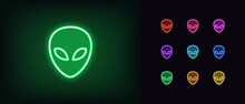 Outline Neon Alien Icon. Glowing Neon Alien Face, Humanoid Emoticon In Vivid Colors
