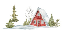 Watercolor Composition With Winter Landscape. Little House, Trees, Snow, Pine. Village Cottage, Nature. 