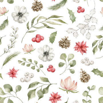 Watercolor seamless pattern with bright winter flowers, berries, pine cone and leaves. Poinsettia, Christmas flora. Winter holiday illustration for wrapping, textile, background