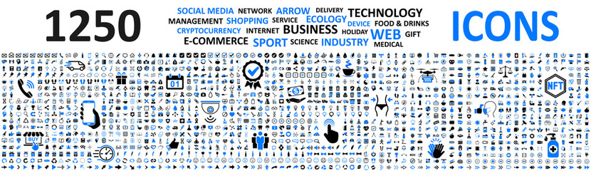 Big set 1250 icons: business, shopping, device, technology, medical, ecology, crypto, e-commerce, social media, management, arrow, food & drink and many more for any cases of life using – vector