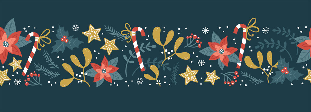 Lovely hand drawn Christmas seamless pattern, cute greenery, flowers and snowflakes, great for textiles, wrapping, banners, wallpapers - vector design