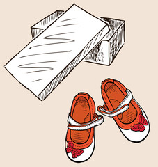 Vector illustration of packing box with new red shoes for little girl