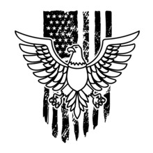 Eagle On American Flag Background. Design Element For Logo, Emblem, Sign, Poster, T Shirt. Vector Illustration