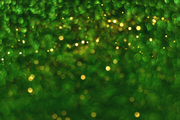 Wall Mural - green and gold sparkling glitter bokeh background, christmas abstract defocused texture. holiday lig