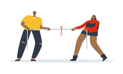 Tug of war man vs. woman Multicolored people pulling opposite ends of the rope. Competition, rivalry, struggle. Flat vector illustration. 