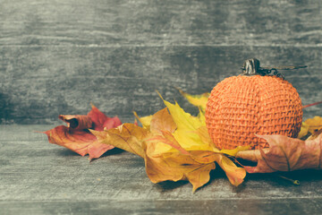Wall Mural - autumn composition. pumpkin, dried leaves on pastel gray background. autumn, fall, halloween concept