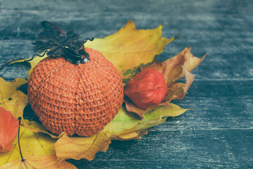 Wall Mural - autumn composition. pumpkin, dried leaves and physalis on wooden background. autumn, fall, halloween