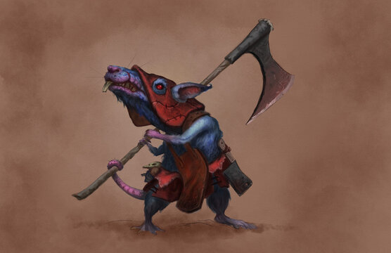 digital painting of a rat executioner character with red hood and giant ax on aged paper background 