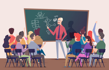 Sticker - Students lecture. Training characters sitting on chairs talk in auditorium business training professor speaking exact vector back view people cartoon background