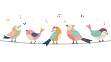 Singing Birds Banner. Abstract Folk Bird Sitting On Rope. Isolated Decorative Animal Vector Element