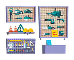 Poster - Construction tools. Repair kit shelves stores with construction items screwdrivers saw hammer drill helmet garish vector flat illustration
