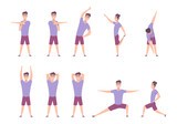 Fototapeta  - Stretching exercises. Workout physical movements for flexibility muscles sport stretching poses exact vector pictures in flat style