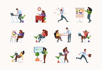 Sticker - Business scenes. Active managers office people business collaboration persons talking sitting dialogue and brainstorming garish vector flat characters isolated