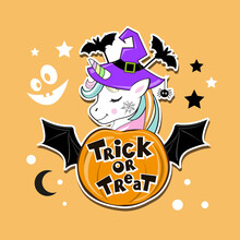 Halloween Card With Unicorn Wearing Witch Hat And Pumpkin. Vector Illustration Of Cartoon Animals