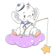 Vector Illustration Of A Cute Baby Elephant Fisher, Sitting On The Cloud And Catching Stars.