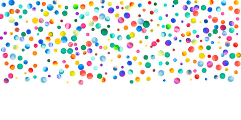 Watercolor confetti on white background. Alive rainbow colored dots. Happy celebration wide colorful bright card. Decent hand painted confetti.