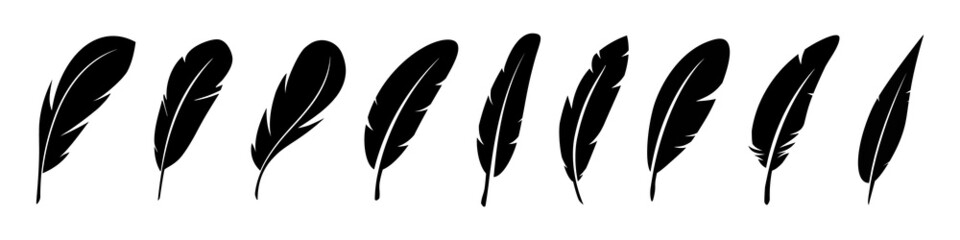 set of bird feather. feathers vector set in a flat style. pen icon. black quill feather silhouette. 