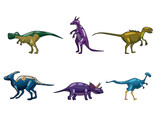 Fototapeta Dinusie - Set funny prehistoric dinosaurus Tyrannosaurus, Triceratops, Brontosaurus. Collection ancient wild monsters reptiles cartoon style. Vector isolated