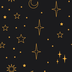 Wall Mural - Sky seamless pattern with Mystical and Astrology elements, Space objects, planet, constellation, moon, stars, sun. Astronomy themed background texture. Starry motive.