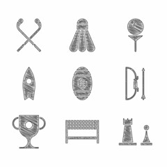 Canvas Print - Set American Football ball, Ribbon in finishing line, Chess, Bow and arrow quiver, Award cup, Surfboard, Golf tee and Ice hockey sticks icon. Vector