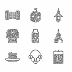 Canvas Print - Set Pickled cucumbers in a jar, Russian bagels, Calendar 12 june, The Tsar bell, Medovik, Kosovorotka, Rocket ship and Accordion icon. Vector