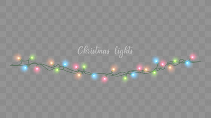 Poster - Christmas lights isolated. Colorful Xmas garland. Vector glowing light bulbs on wire strings. 