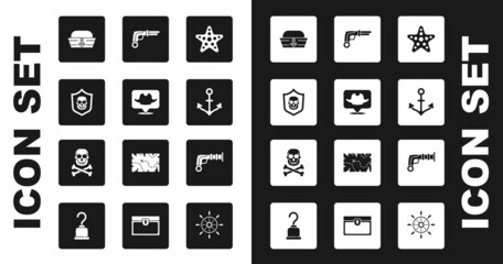 Sticker - Set Starfish, Location pirate, Shield with skull, Sailor hat, Anchor, Vintage pistols, and Skull crossbones icon. Vector