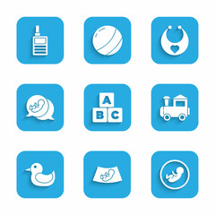 Poster - Set ABC blocks, Ultrasound of baby, Baby, Toy train, Rubber duck, bib and Monitor Walkie Talkie icon. Vector