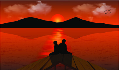 illustration vector graphic of the view of the sunset on the river and the mountain, two people are dating while watching the sunset