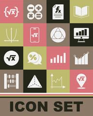 Sticker - Set Square root of x glyph, Graph, schedule, chart, diagram, Computer monitor with graph, Function mathematical symbol, and Triangle icon. Vector