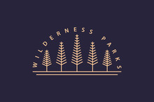 Ilustrasi Vektor Logo WILDERNESS PARKS. Lencana Perjalanan Yang Ditarik Tangan Dengan Pohon Pinus