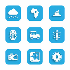 Sticker - Set Safari car, Africa safari map, Compass, Centipede insect, Photo camera, Mexican mayan or aztec mask, Tree stump and Cloud with rain icon. Vector