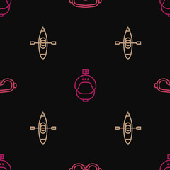 Canvas Print - Set line Ski goggles, Kayak or canoe and Helmet and action camera on seamless pattern. Vector