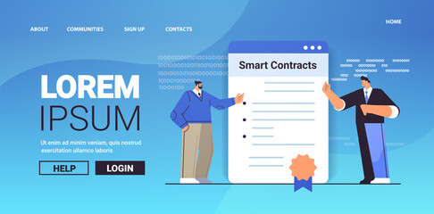 Poster - businesspeople signing smart contracts financial business technologies process of digital secure transaction blockchain