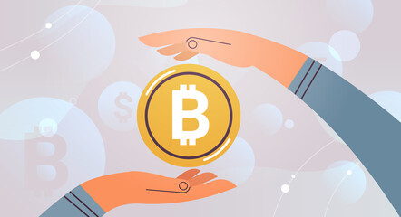 Poster - human hands holding gold coin bitcoin cryptocurrency concept horizontal vector illustration