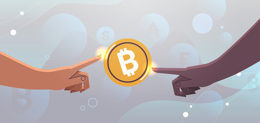 Poster - mix race human hands touching gold coin bitcoin cryptocurrency concept horizontal